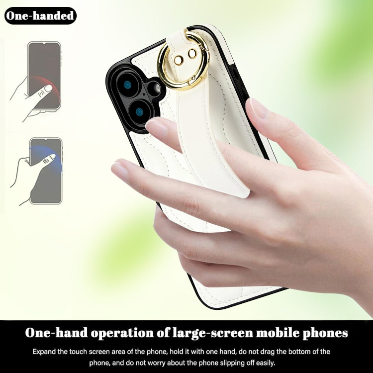 For iPhone 16 Non-slip Full Coverage Ring PU Phone Case with Wristband(White) - iPhone 16 Cases by buy2fix | Online Shopping UK | buy2fix