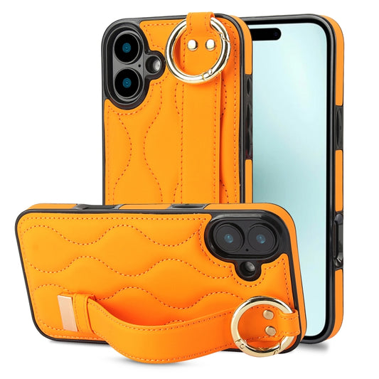 For iPhone 16 Non-slip Full Coverage Ring PU Phone Case with Wristband(Orange) by buy2fix