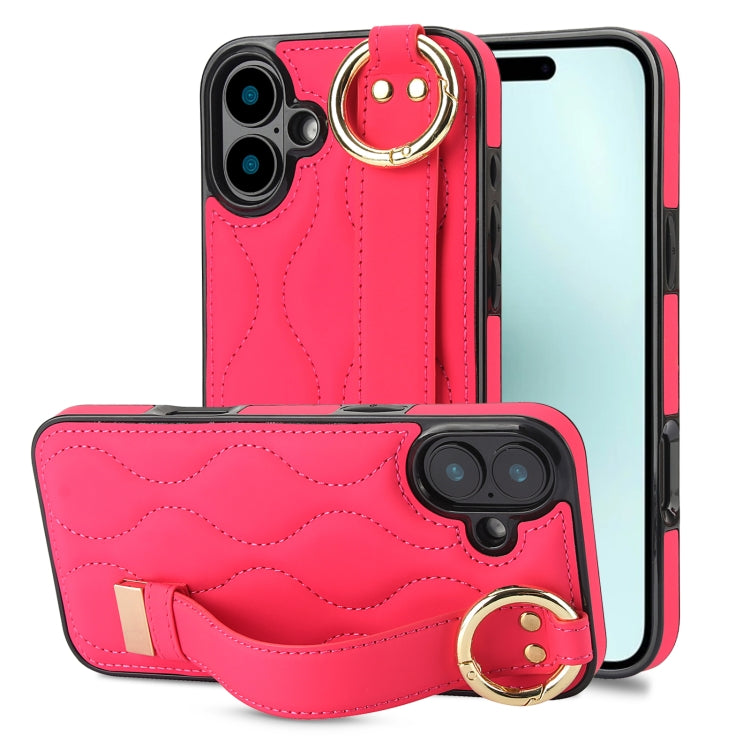 For iPhone 16 Non-slip Full Coverage Ring PU Phone Case with Wristband(Rose Red) by buy2fix