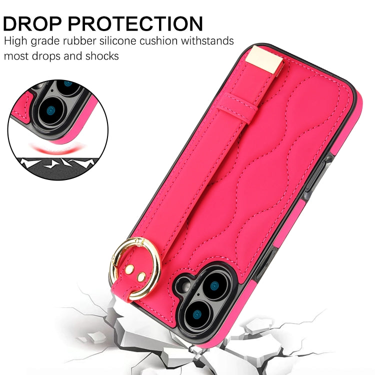 For iPhone 16 Non-slip Full Coverage Ring PU Phone Case with Wristband(Rose Red) by buy2fix