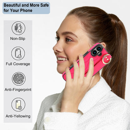 For iPhone 16 Non-slip Full Coverage Ring PU Phone Case with Wristband(Rose Red) by buy2fix