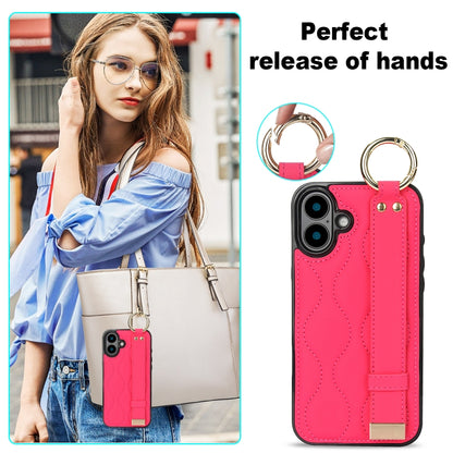 For iPhone 16 Non-slip Full Coverage Ring PU Phone Case with Wristband(Rose Red) by buy2fix