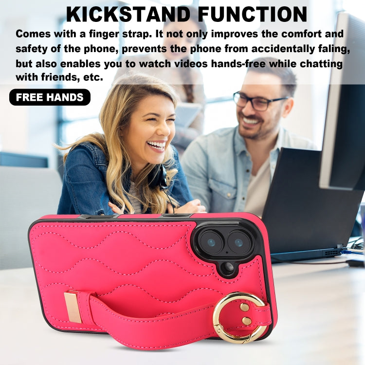 For iPhone 16 Non-slip Full Coverage Ring PU Phone Case with Wristband(Rose Red) by buy2fix