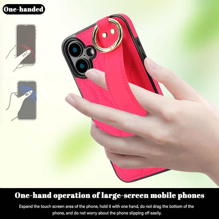 For iPhone 16 Non-slip Full Coverage Ring PU Phone Case with Wristband(Rose Red) by buy2fix