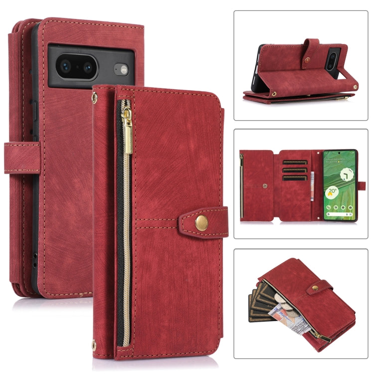 For Google Pixel 7 Dream 9-Card Wallet Zipper Bag Leather Phone Case(Red) by buy2fix