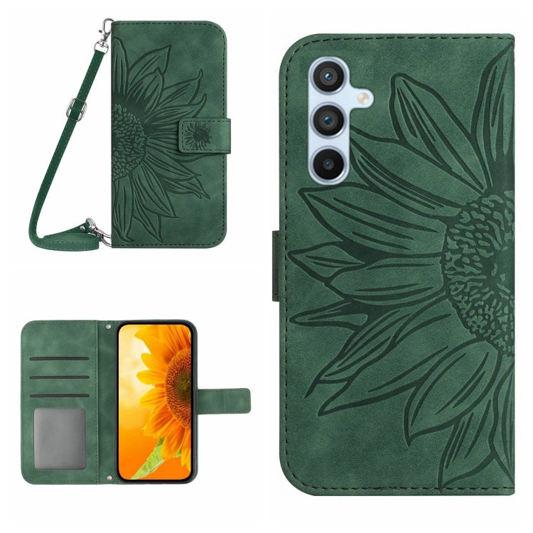 For Samsung Galaxy S24 5G Skin Feel Sun Flower Embossed Flip Leather Phone Case with Lanyard(Green) - Galaxy S24 5G Cases by buy2fix | Online Shopping UK | buy2fix