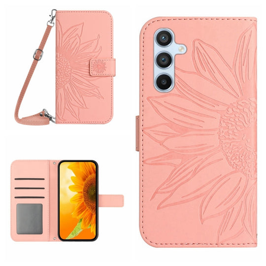 For Samsung Galaxy A15 Skin Feel Sun Flower Embossed Flip Leather Phone Case with Lanyard(Pink)