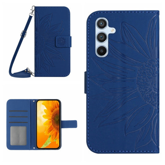 For Samsung Galaxy A55 5G Skin Feel Sun Flower Embossed Flip Leather Phone Case with Lanyard(Dark Blue)