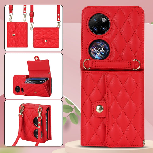 For Huawei P50 Pocket Rhombic Texture Card Bag PU Phone Case with Long Lanyard(Red) - Huawei Cases by buy2fix | Online Shopping UK | buy2fix