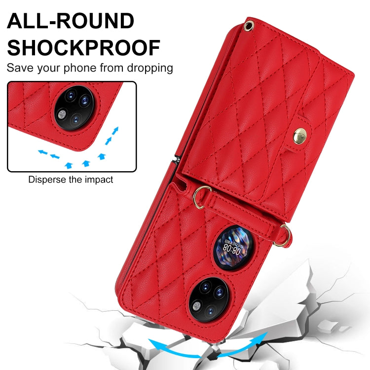 For Huawei P50 Pocket Rhombic Texture Card Bag PU Phone Case with Long Lanyard(Red) - Huawei Cases by buy2fix | Online Shopping UK | buy2fix
