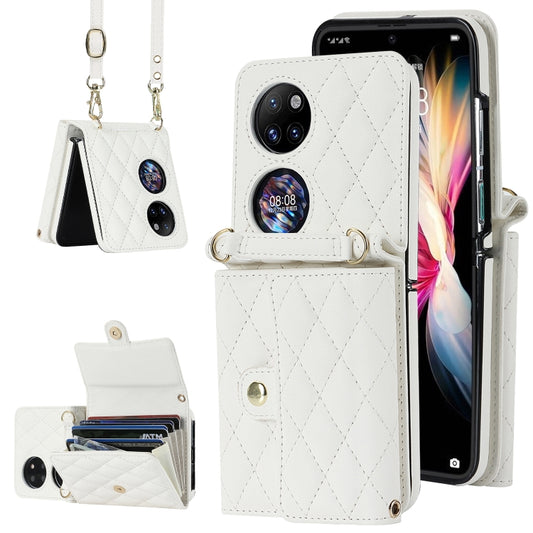 For Huawei P50 Pocket Rhombic Texture Card Bag PU Phone Case with Long Lanyard(White) - Huawei Cases by buy2fix | Online Shopping UK | buy2fix