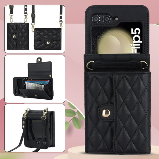 For Samsung Galaxy Z Flip5 Rhombic Texture Card Bag PU Phone Case with Long Lanyard(Black) - Galaxy Z Flip5 Cases by buy2fix | Online Shopping UK | buy2fix