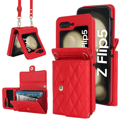 For Samsung Galaxy Z Flip5 Rhombic Texture Card Bag PU Phone Case with Long Lanyard(Red) - Galaxy Z Flip5 Cases by buy2fix | Online Shopping UK | buy2fix