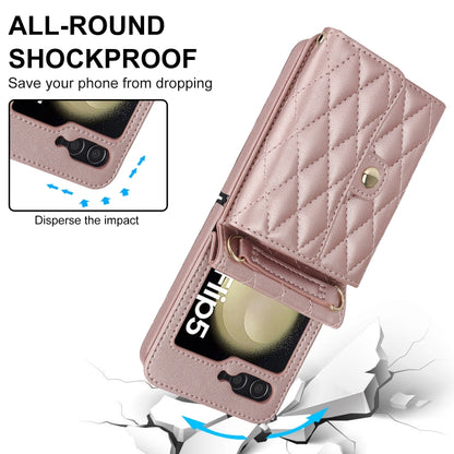 For Samsung Galaxy Z Flip5 Rhombic Texture Card Bag PU Phone Case with Long Lanyard(Rose Gold) - Galaxy Z Flip5 Cases by buy2fix | Online Shopping UK | buy2fix