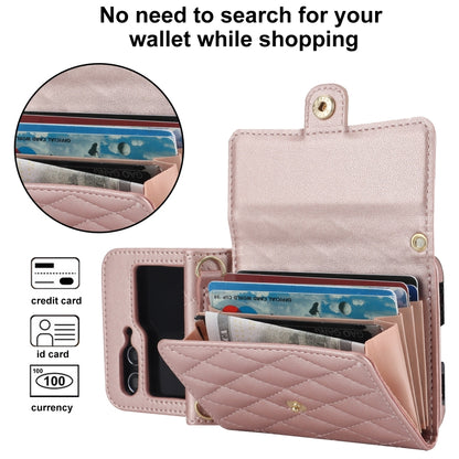 For Samsung Galaxy Z Flip5 Rhombic Texture Card Bag PU Phone Case with Long Lanyard(Rose Gold) - Galaxy Z Flip5 Cases by buy2fix | Online Shopping UK | buy2fix