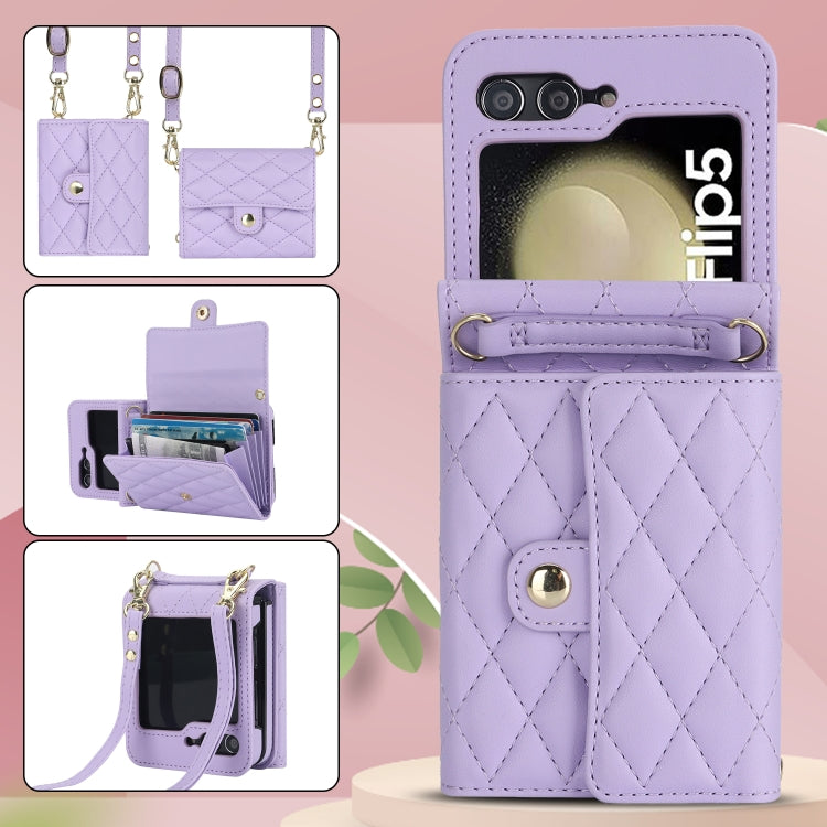 For Samsung Galaxy Z Flip5 Rhombic Texture Card Bag PU Phone Case with Long Lanyard(Purple) - Galaxy Z Flip5 Cases by buy2fix | Online Shopping UK | buy2fix