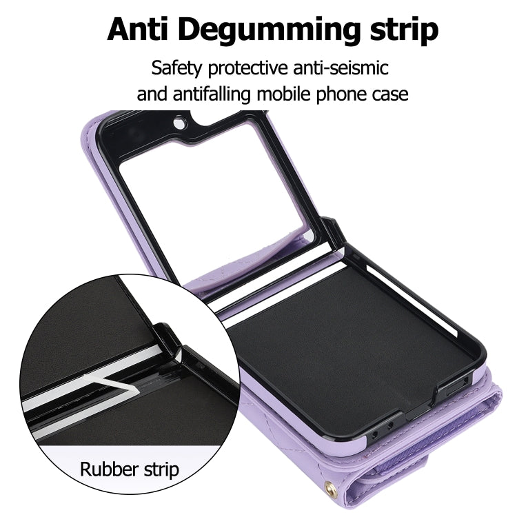 For Samsung Galaxy Z Flip5 Rhombic Texture Card Bag PU Phone Case with Long Lanyard(Purple) - Galaxy Z Flip5 Cases by buy2fix | Online Shopping UK | buy2fix