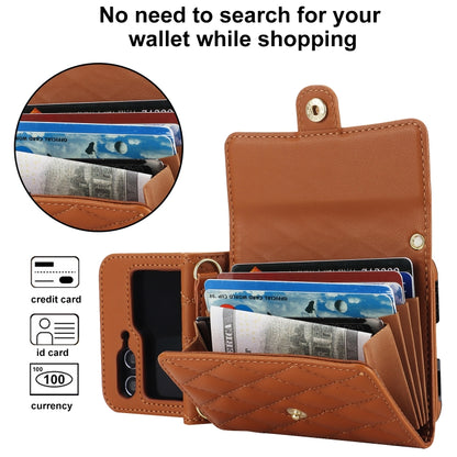 For Samsung Galaxy Z Flip5 Rhombic Texture Card Bag PU Phone Case with Long Lanyard(Brown) - Galaxy Z Flip5 Cases by buy2fix | Online Shopping UK | buy2fix