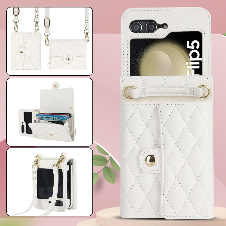 For Samsung Galaxy Z Flip5 Rhombic Texture Card Bag PU Phone Case with Long Lanyard(White) - Galaxy Z Flip5 Cases by buy2fix | Online Shopping UK | buy2fix
