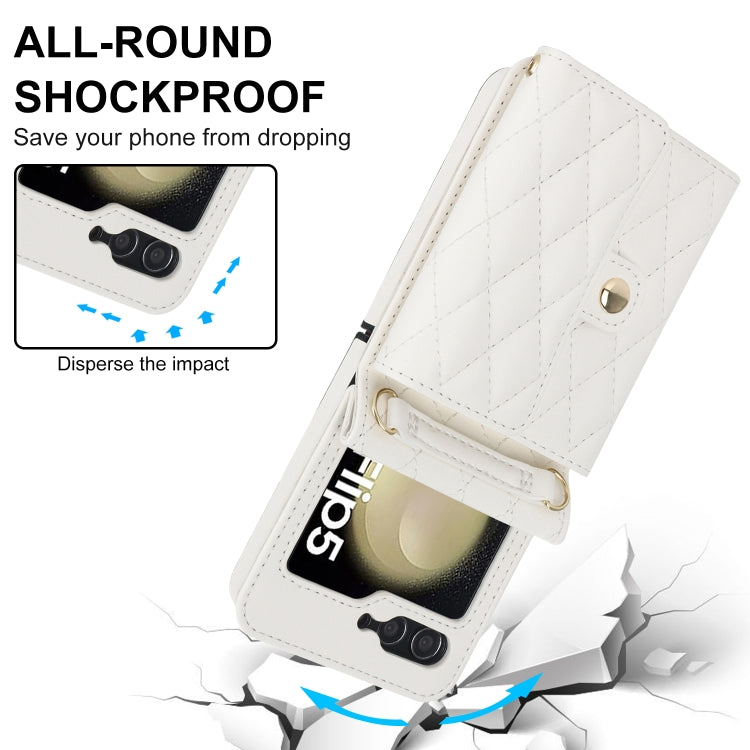 For Samsung Galaxy Z Flip5 Rhombic Texture Card Bag PU Phone Case with Long Lanyard(White) - Galaxy Z Flip5 Cases by buy2fix | Online Shopping UK | buy2fix