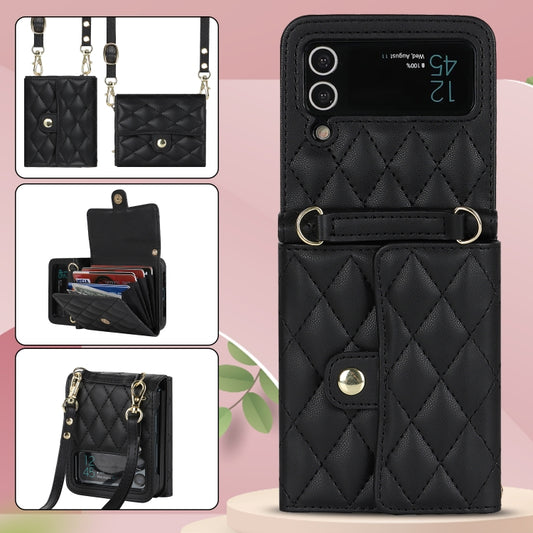 For Samsung Galaxy Z Flip4 Rhombic Texture Card Bag PU Phone Case with Long Lanyard(Black) - Galaxy Z Flip4 5G Cases by buy2fix | Online Shopping UK | buy2fix