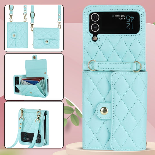 For Samsung Galaxy Z Flip4 Rhombic Texture Card Bag PU Phone Case with Long Lanyard(Mint Green) - Galaxy Z Flip4 5G Cases by buy2fix | Online Shopping UK | buy2fix