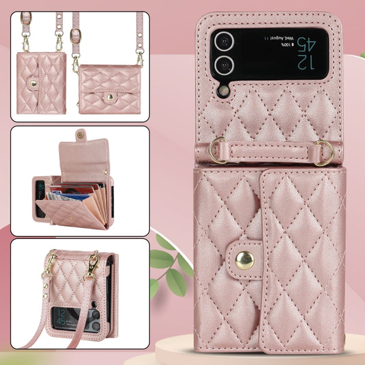 For Samsung Galaxy Z Flip4 Rhombic Texture Card Bag PU Phone Case with Long Lanyard(Rose Gold) - Galaxy Z Flip4 5G Cases by buy2fix | Online Shopping UK | buy2fix