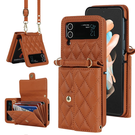 For Samsung Galaxy Z Flip4 Rhombic Texture Card Bag PU Phone Case with Long Lanyard(Brown) - Galaxy Z Flip4 5G Cases by buy2fix | Online Shopping UK | buy2fix