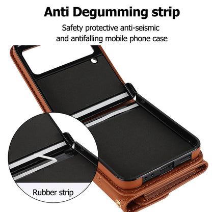 For Samsung Galaxy Z Flip4 Rhombic Texture Card Bag PU Phone Case with Long Lanyard(Brown) - Galaxy Z Flip4 5G Cases by buy2fix | Online Shopping UK | buy2fix