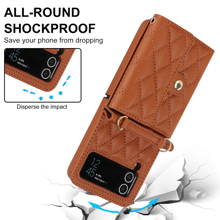 For Samsung Galaxy Z Flip4 Rhombic Texture Card Bag PU Phone Case with Long Lanyard(Brown) - Galaxy Z Flip4 5G Cases by buy2fix | Online Shopping UK | buy2fix