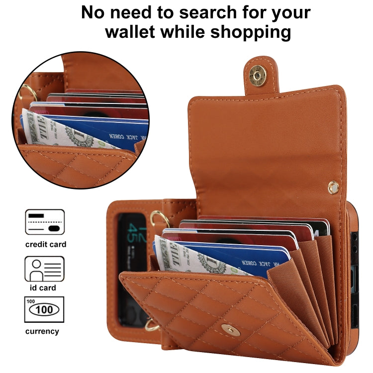 For Samsung Galaxy Z Flip4 Rhombic Texture Card Bag PU Phone Case with Long Lanyard(Brown) - Galaxy Z Flip4 5G Cases by buy2fix | Online Shopping UK | buy2fix