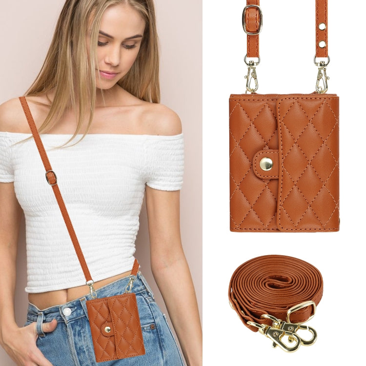 For Samsung Galaxy Z Flip4 Rhombic Texture Card Bag PU Phone Case with Long Lanyard(Brown) - Galaxy Z Flip4 5G Cases by buy2fix | Online Shopping UK | buy2fix