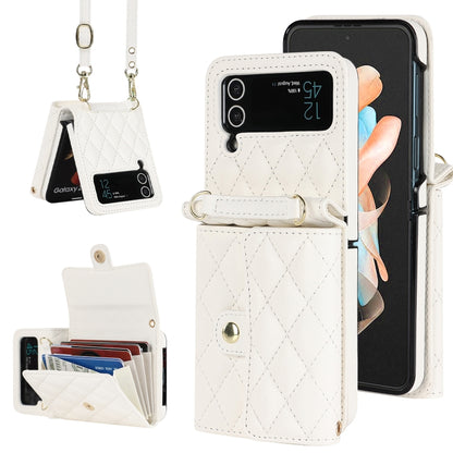 For Samsung Galaxy Z Flip4 Rhombic Texture Card Bag PU Phone Case with Long Lanyard(White) - Galaxy Z Flip4 5G Cases by buy2fix | Online Shopping UK | buy2fix