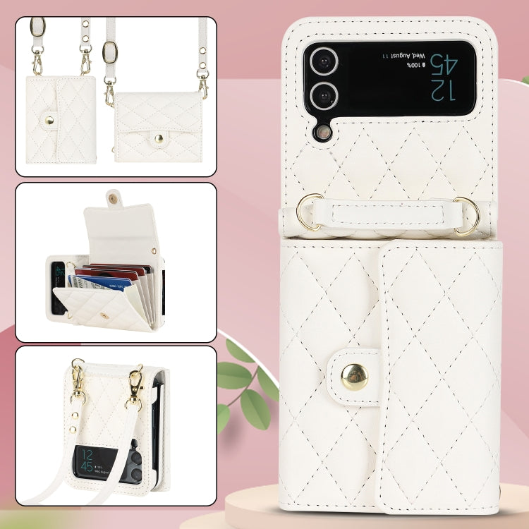 For Samsung Galaxy Z Flip4 Rhombic Texture Card Bag PU Phone Case with Long Lanyard(White) - Galaxy Z Flip4 5G Cases by buy2fix | Online Shopping UK | buy2fix