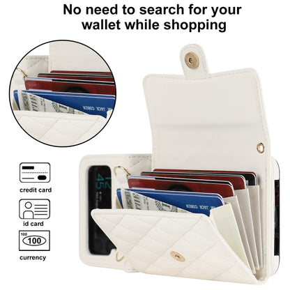 For Samsung Galaxy Z Flip4 Rhombic Texture Card Bag PU Phone Case with Long Lanyard(White) - Galaxy Z Flip4 5G Cases by buy2fix | Online Shopping UK | buy2fix