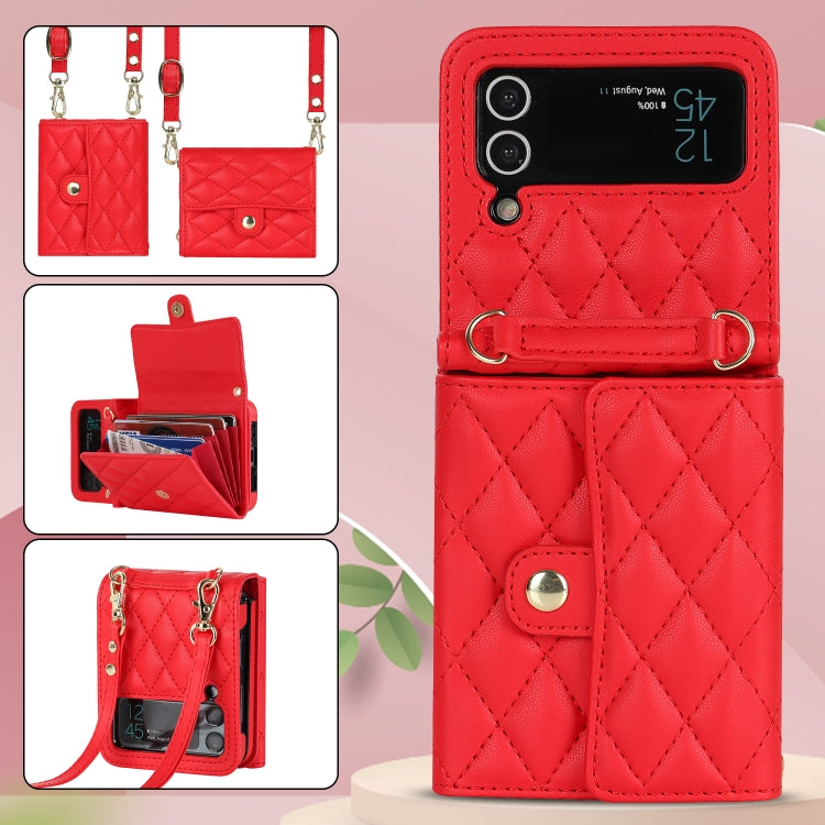 For Samsung Galaxy Z Flip3 Rhombic Texture Card Bag PU Phone Case with Long Lanyard(Red) - Galaxy Phone Cases by buy2fix | Online Shopping UK | buy2fix