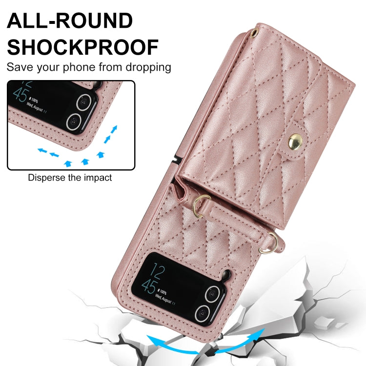 For Samsung Galaxy Z Flip3 Rhombic Texture Card Bag PU Phone Case with Long Lanyard(Rose Gold) - Galaxy Phone Cases by buy2fix | Online Shopping UK | buy2fix