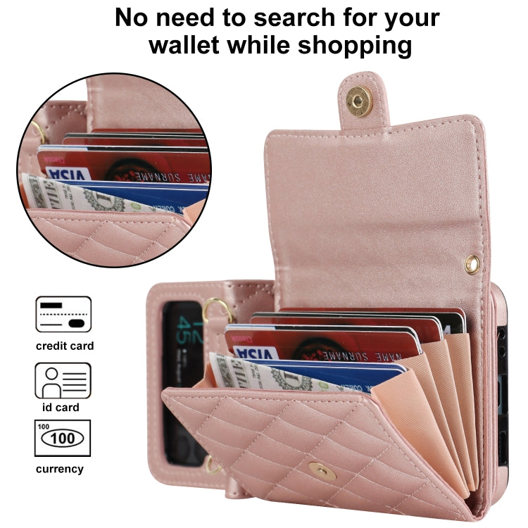 For Samsung Galaxy Z Flip3 Rhombic Texture Card Bag PU Phone Case with Long Lanyard(Rose Gold) - Galaxy Phone Cases by buy2fix | Online Shopping UK | buy2fix