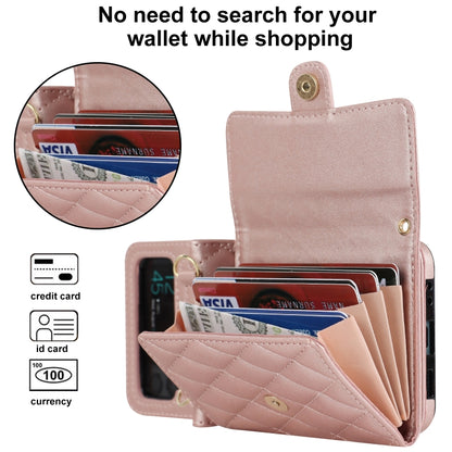 For Samsung Galaxy Z Flip3 Rhombic Texture Card Bag PU Phone Case with Long Lanyard(Rose Gold) - Galaxy Phone Cases by buy2fix | Online Shopping UK | buy2fix