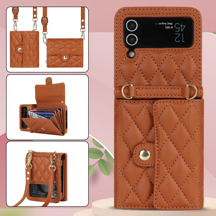 For Samsung Galaxy Z Flip3 Rhombic Texture Card Bag PU Phone Case with Long Lanyard(Brown) - Galaxy Phone Cases by buy2fix | Online Shopping UK | buy2fix