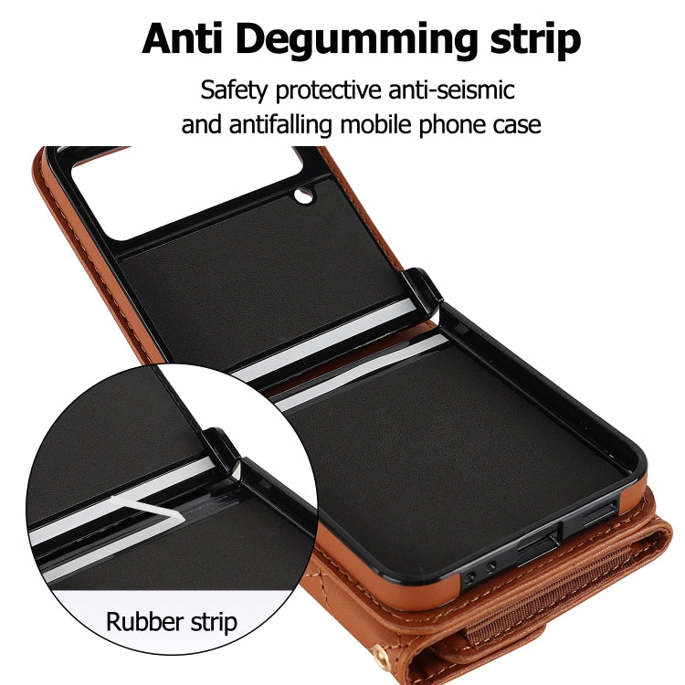 For Samsung Galaxy Z Flip3 Rhombic Texture Card Bag PU Phone Case with Long Lanyard(Brown) - Galaxy Phone Cases by buy2fix | Online Shopping UK | buy2fix