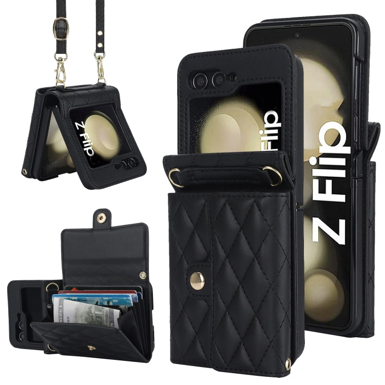 For Samsung Galaxy Z Flip6 Rhombic Texture Card Bag PU Phone Case with Long Lanyard(Black) - Galaxy Z Flip6 5G Cases by buy2fix | Online Shopping UK | buy2fix