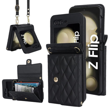 For Samsung Galaxy Z Flip6 Rhombic Texture Card Bag PU Phone Case with Long Lanyard(Black) - Galaxy Z Flip6 5G Cases by buy2fix | Online Shopping UK | buy2fix