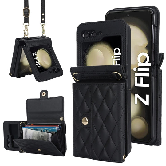 For Samsung Galaxy Z Flip7 FE / Flip6 Rhombic Texture Card Bag PU Phone Case with Long Lanyard(Black)