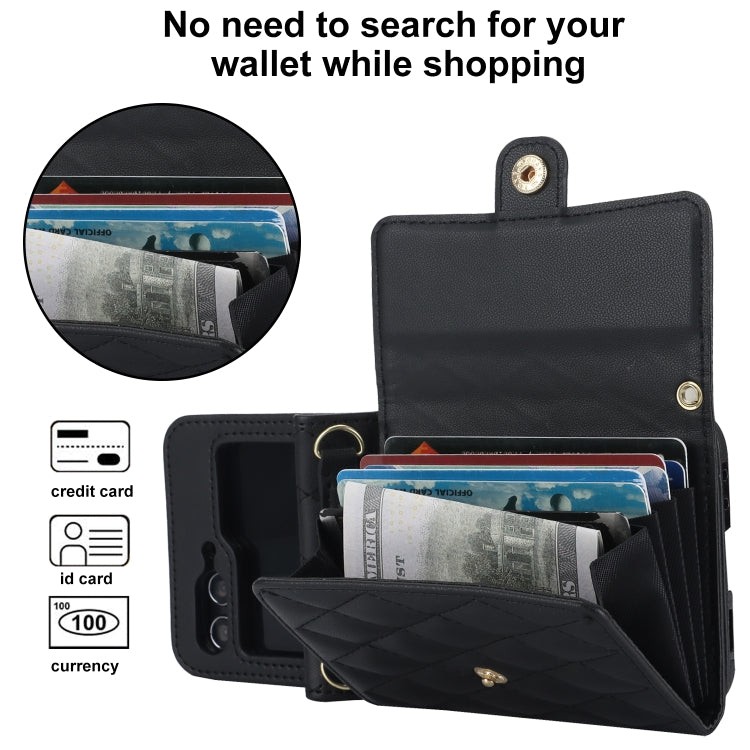 For Samsung Galaxy Z Flip6 Rhombic Texture Card Bag PU Phone Case with Long Lanyard(Black) - Galaxy Z Flip6 5G Cases by buy2fix | Online Shopping UK | buy2fix