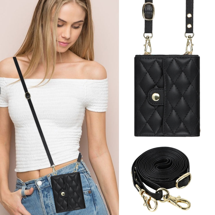 For Samsung Galaxy Z Flip6 Rhombic Texture Card Bag PU Phone Case with Long Lanyard(Black) - Galaxy Z Flip6 5G Cases by buy2fix | Online Shopping UK | buy2fix