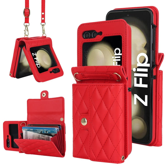 For Samsung Galaxy Z Flip7 FE / Flip6 Rhombic Texture Card Bag PU Phone Case with Long Lanyard(Red)