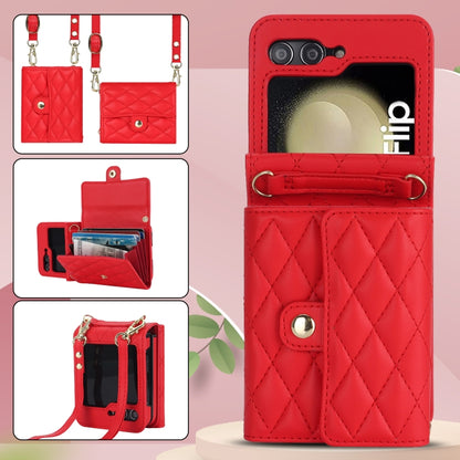 For Samsung Galaxy Z Flip6 Rhombic Texture Card Bag PU Phone Case with Long Lanyard(Red) - Galaxy Z Flip6 5G Cases by buy2fix | Online Shopping UK | buy2fix