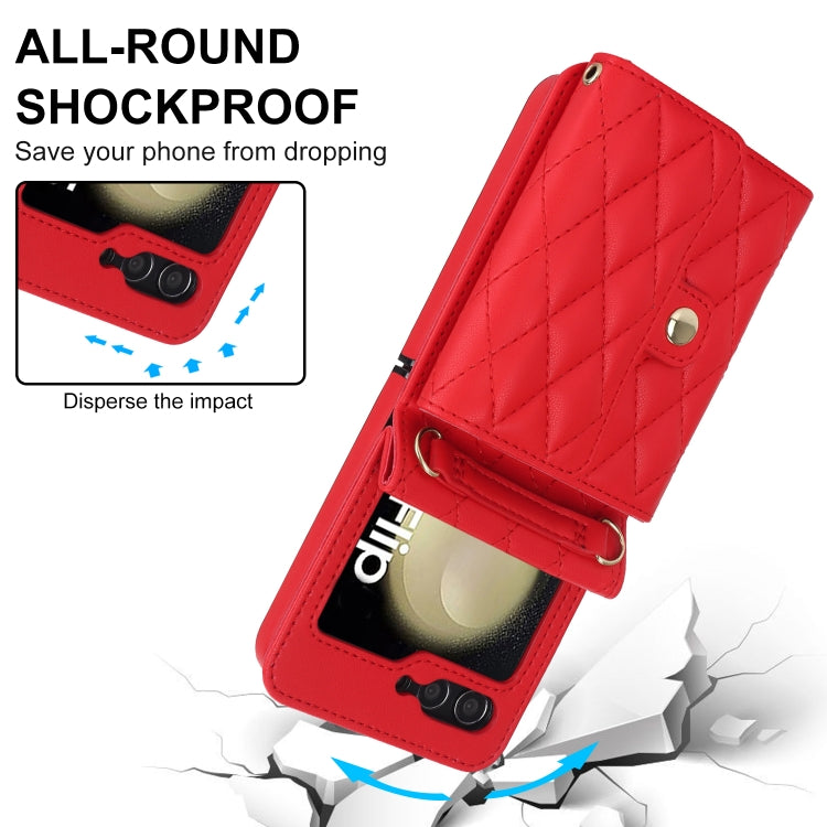 For Samsung Galaxy Z Flip6 Rhombic Texture Card Bag PU Phone Case with Long Lanyard(Red) - Galaxy Z Flip6 5G Cases by buy2fix | Online Shopping UK | buy2fix