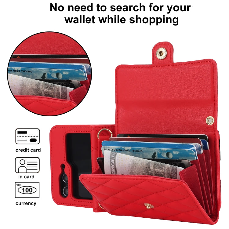 For Samsung Galaxy Z Flip6 Rhombic Texture Card Bag PU Phone Case with Long Lanyard(Red) - Galaxy Z Flip6 5G Cases by buy2fix | Online Shopping UK | buy2fix